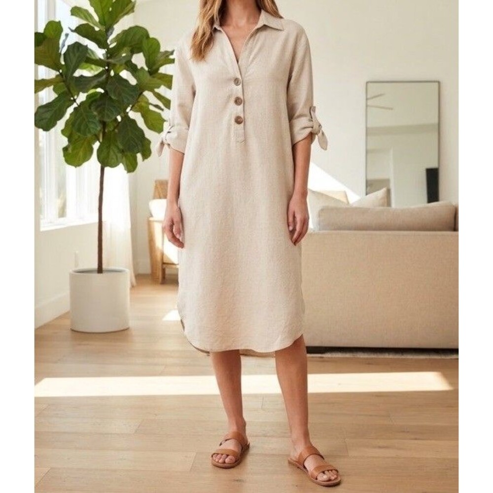 Robert Louis Womens Beige Linen Blend Dress L Casual Midi resortwear Shirt Dress